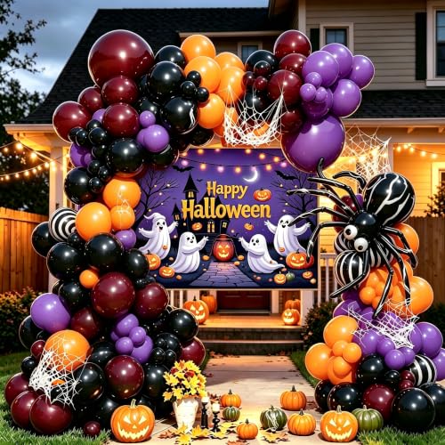Image of 152Pcs Halloween Balloons Arch Kit with Halloween Backdrop and 3D Bat, Orange Black Purple Burgundy Balloons Garland Arch Kit for Spooky One Costume Halloween Birthday Party Decorations