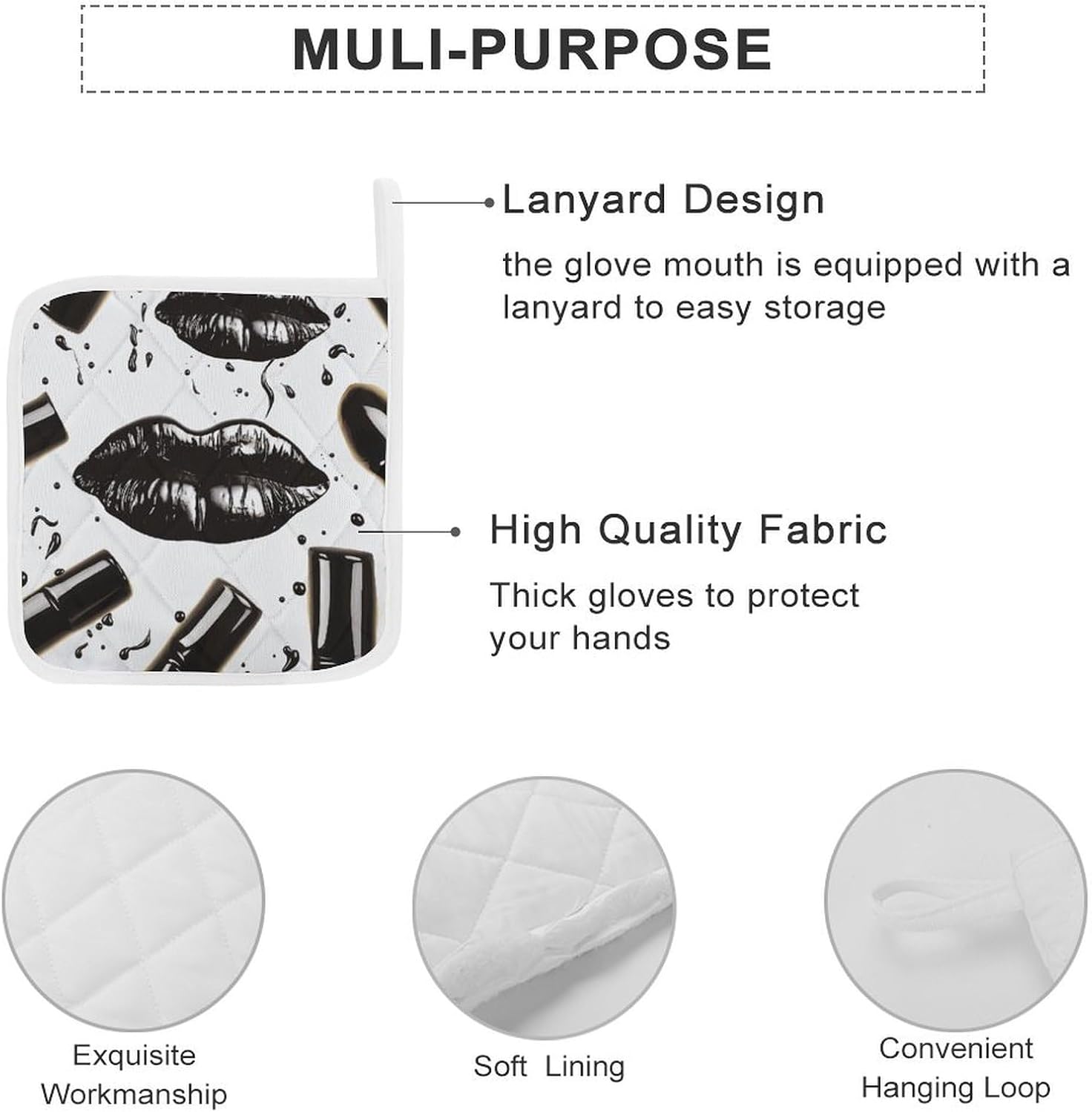 Pot Holder Set of 2 Cool Black Lipstick Lips Printed Potholders for Kitchens Heat Resistant & Non Slip Potholders for Kitchen Cooking Baking BBQ