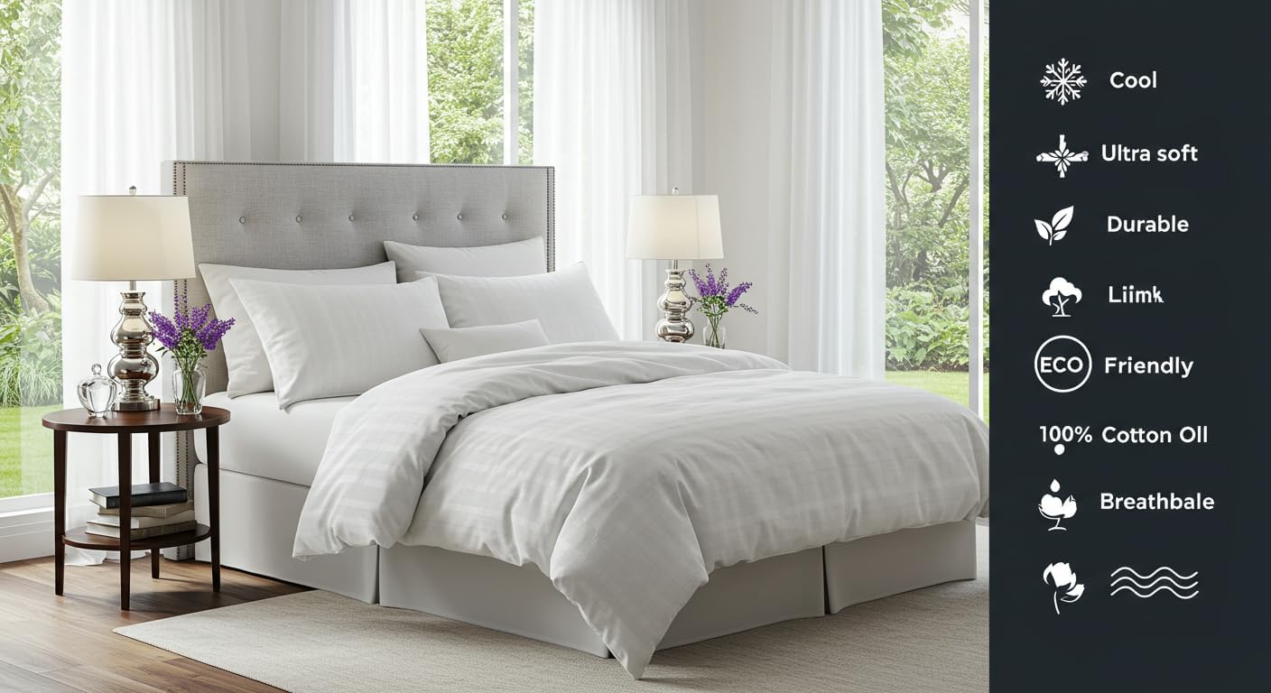 Duvet Cover White, Single 300 Thread Count Stripe Pattern Soft and Breathable 100% Cotton 68x88 inches 1 Duvet Cover 1 Pillow Cover 20x30 incches