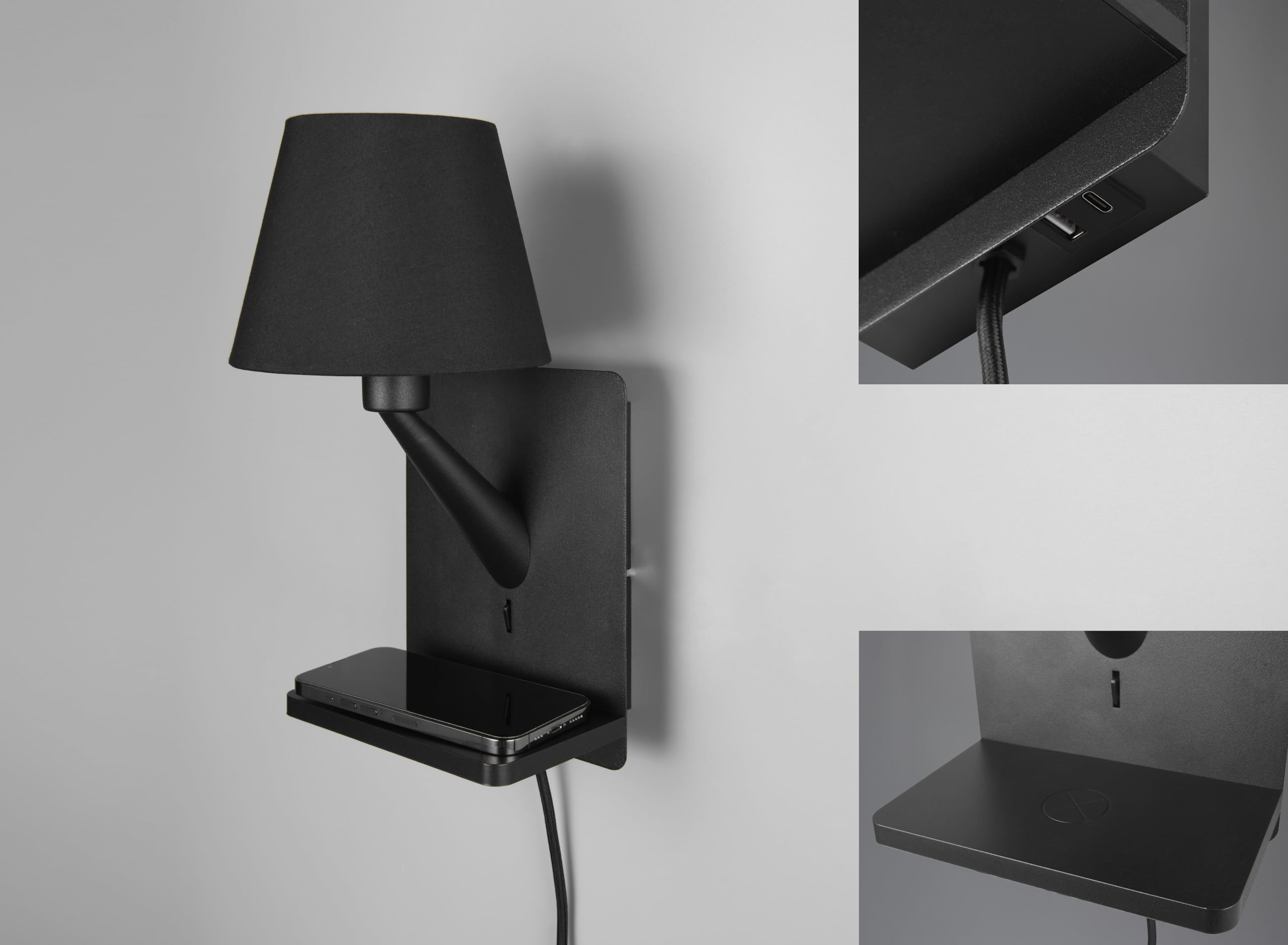 Trio Leuchten Wandleuchte Comfort 262670132, Metall Schwarz matt, Schirm Stoff Schwarz, induktives Ladefeld, USB Ladebuchse |