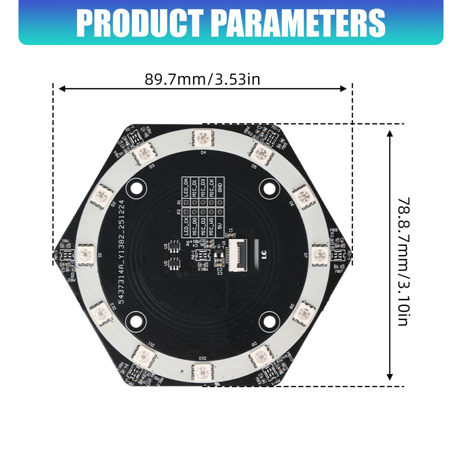 Tablica mikrofonowa 6+1 do lokalizacji źródła dźwięku z interfejsami I2S i programowalnymi diodami LED, zintegrowana struktura Pickup Array