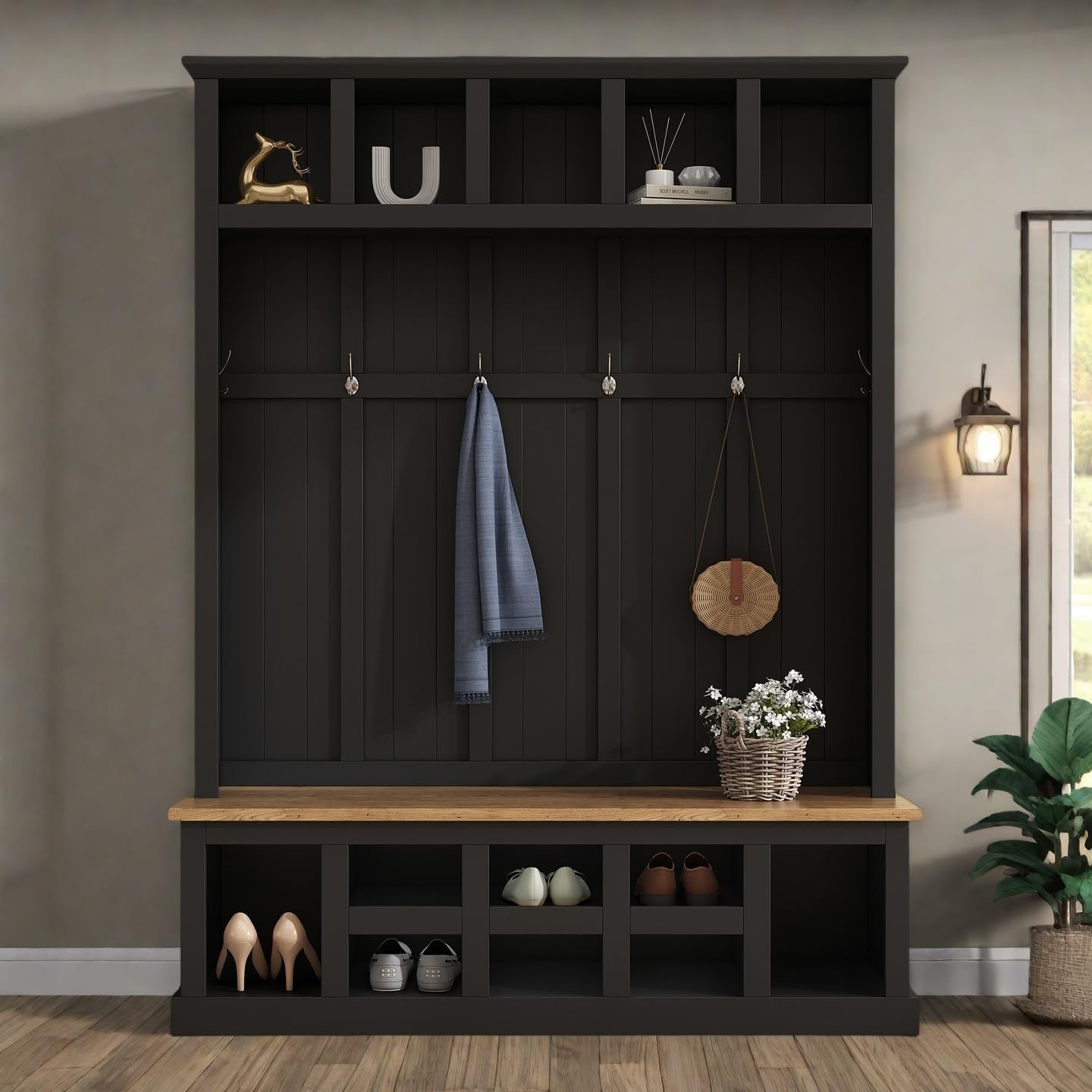 LUMISOL Wide Hall Tree with Bench and 6 Hooks for Entryway, 78''H Entryway Shoe Cabinet with Top Shelves and Shoe Storage, Hallway Coat Rack for