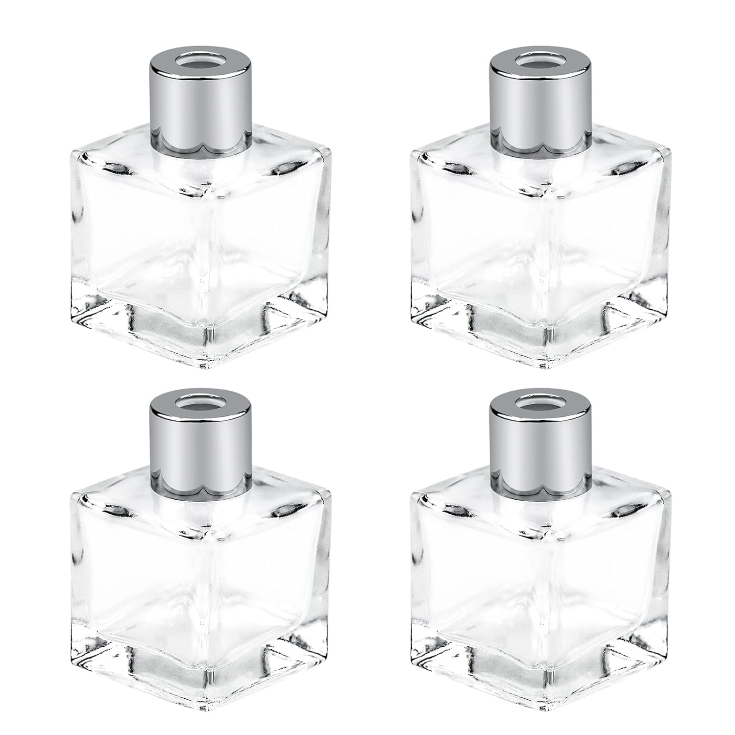 Fragrance Diffuser Empty Clear Bottles, 50ml Essential Fragrance Oil Reed Diffusers Set, Small Square Glass Diffuser Bottles with Caps for Home Bathroom Decorative Fragrance Accessories Use (4 Pcs)
