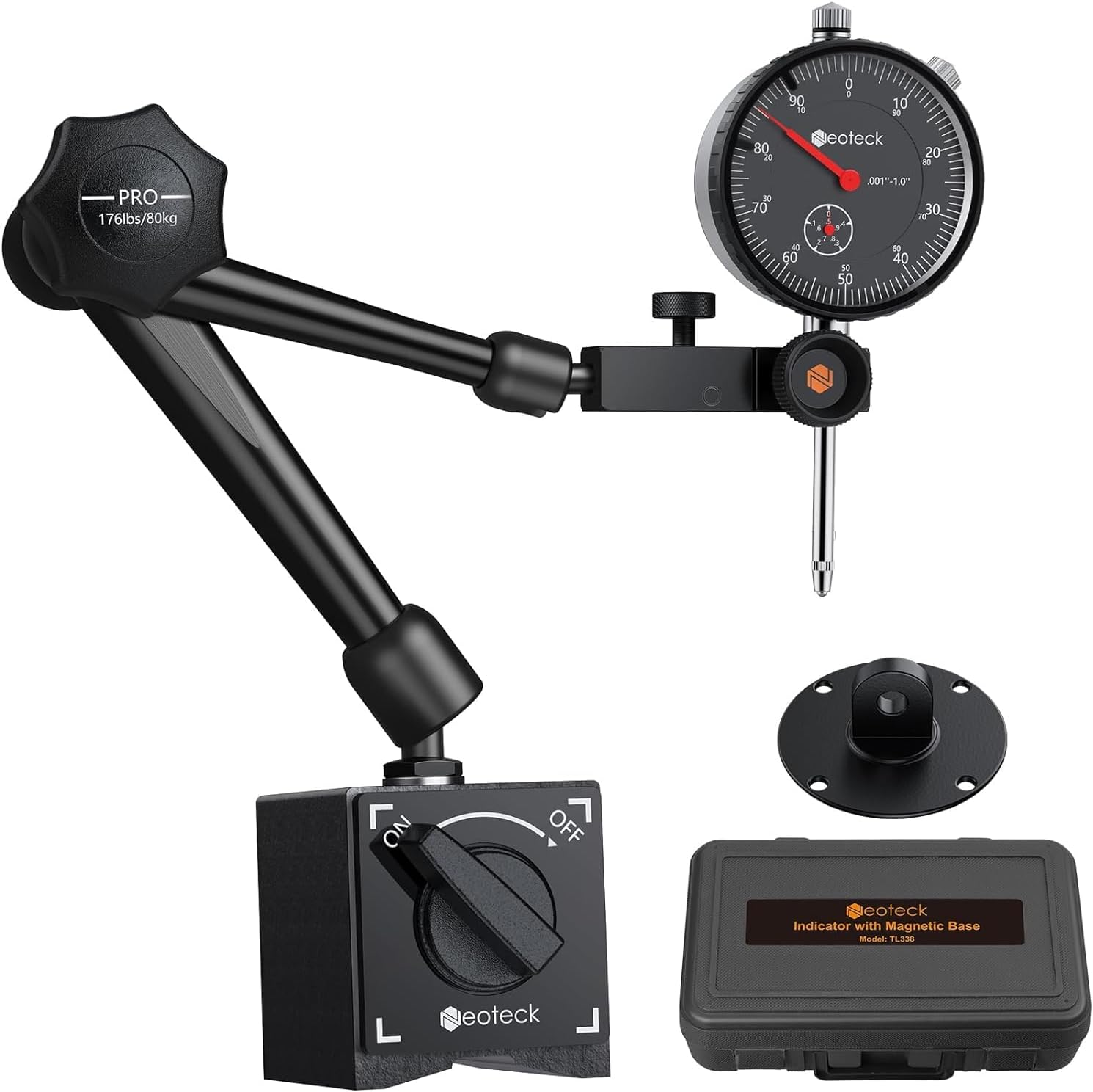 Neoteck 0-1"/0.001" Dial Indicator and Magnetic Base Set with Storage Case, Measuring Tool Dial Gauge and Magnetic Holder for 3D Printer Lathe Workshop CNC Machine Table Saw- 176lbs (80kg) Max Pull