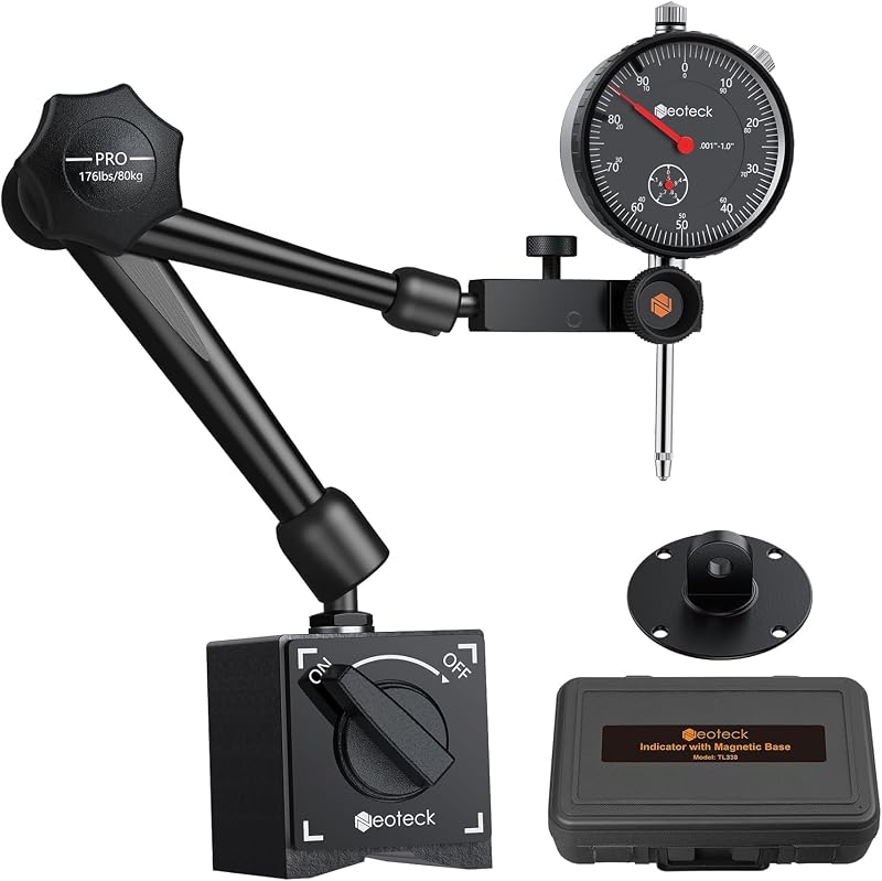 Indicador de cuadrante Neoteck de 0-1"/0,001" y base magnética de tracción máxima de 176 lb (80 kg) | Medidor de desviación con estuche de almacenamiento, indicador de cuadrante y soporte magnético para impresora 3D, torno, taller, máquina CNC, sierra de mesa, negro