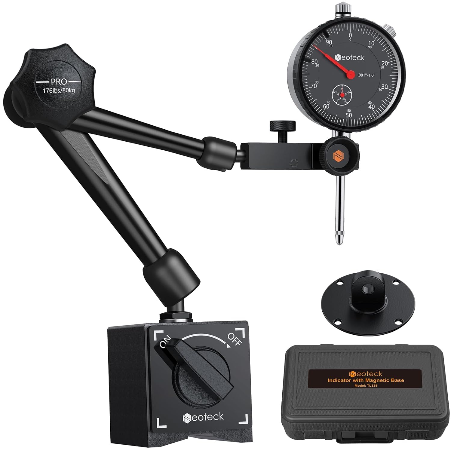 Neoteck 0-1" Dial Indicator with 176lb Magnetic Base & Case - 0.001" Precision Gauge for CNC, Lathe, 3D Printer, Table Saw