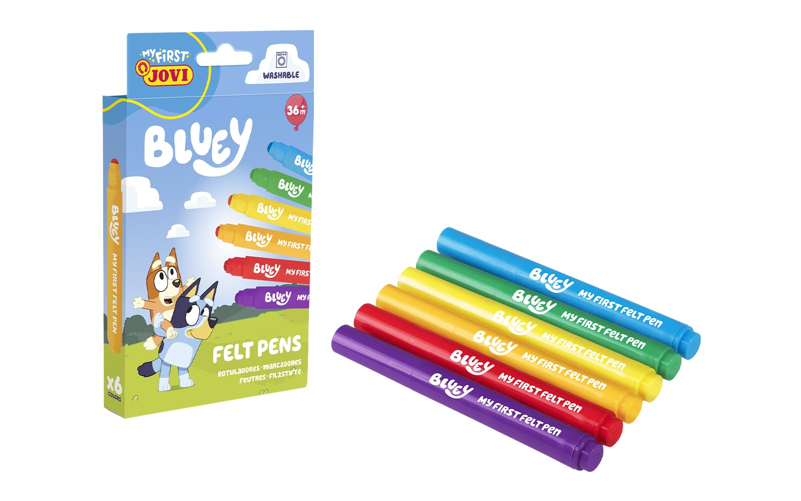 Jovi - My First, 6 rotuladores Bluey para niños a partir de 3 años, punta gruesa y resistente, super lavables, Mis primeros rotuladores