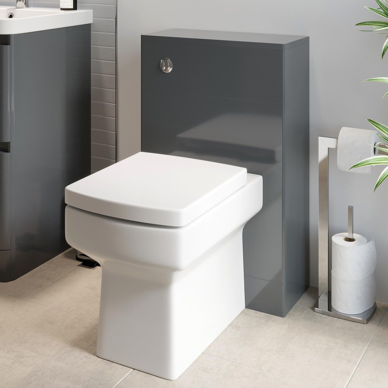 Affine Grey Affine® Forma Modern Bathroom Cloakroom Back To Wall Btw Toilet Wc 500Mm Slim Furniture Unit Square Pan Soft Close Seat Dual Flush Cistern, Gloss