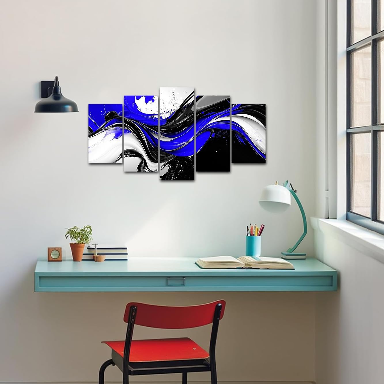 CXHOSTENT Blue Abstract Wall Decor 5 Pieces Blue Grey and Black Picture Prints Large Abstract Canvas Wall Art Painting Modern Artwork for Home Decor Framed (Green, 8x14inx2 8x18inx2 8x22inx1)