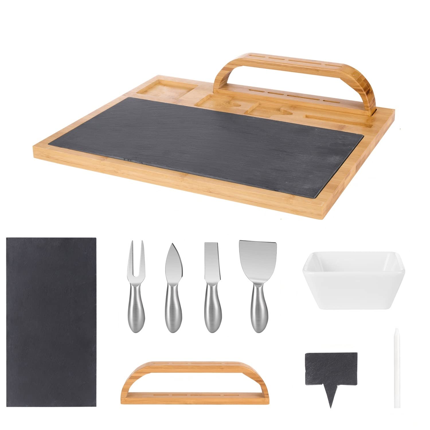 MH ZONE Bamboo Cheese Board Set Cheese Plate Cheese Tray (Upgrade Type 15.7" x 13" x 3") with 4 Stainless Steel Cheese Knives 1 Ceramic Dish, 2 Slate Labels and Markers, Perfect Christmas Gifts for Fa