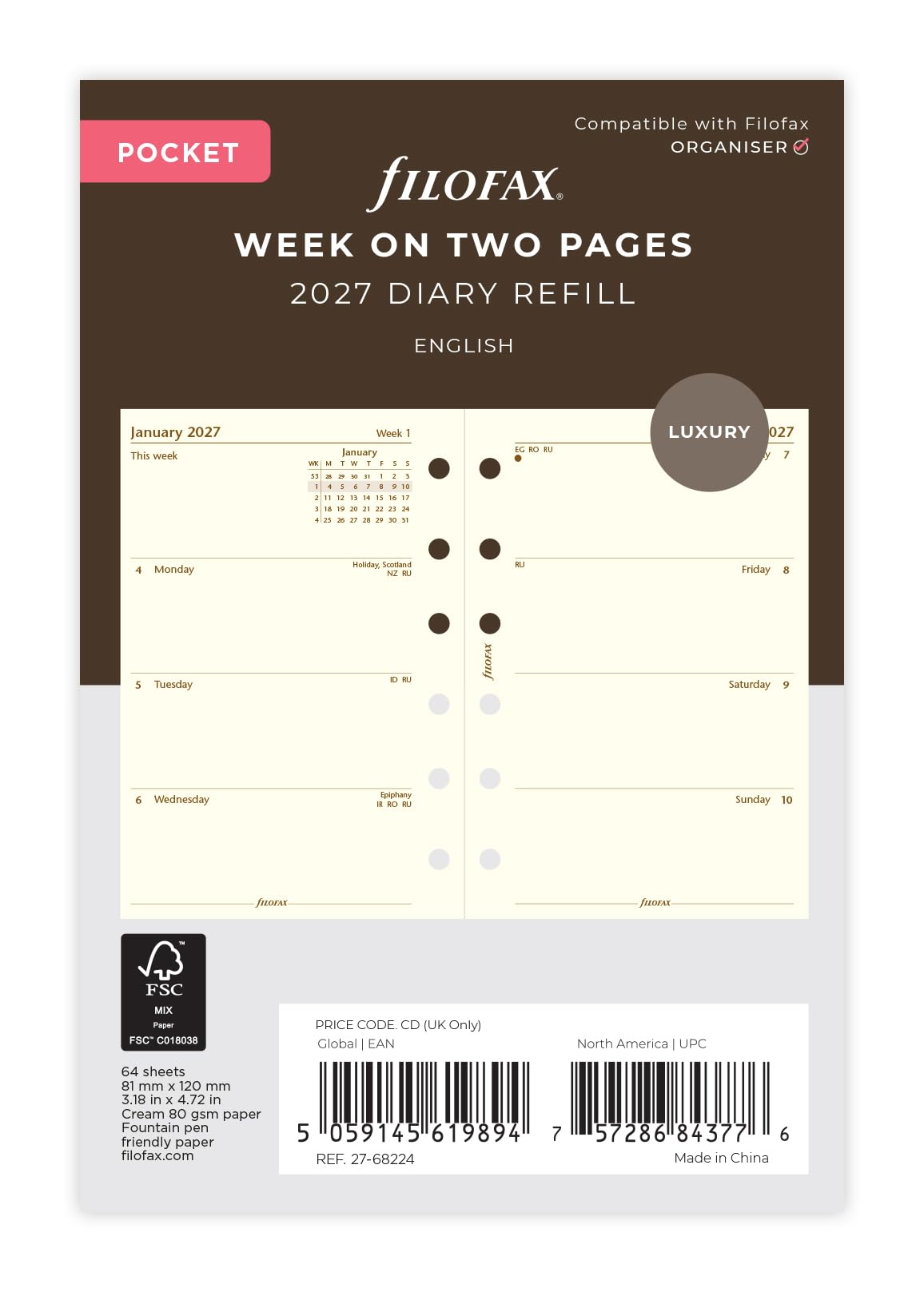 Filofax Pocket Week on two pages cotton cream English 2027 diary 27-68224