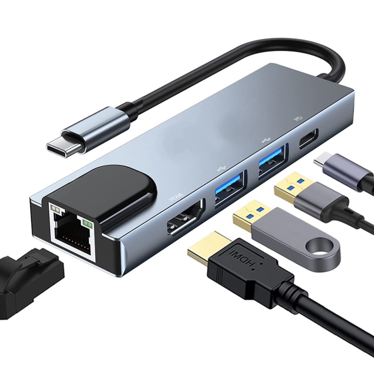 5 in 1 USB C Docks Multi-Function Aluminum Type C Converter Consume to 4K HDMI/Rj45/USB3.0/USB-C PD Charging-image-28
