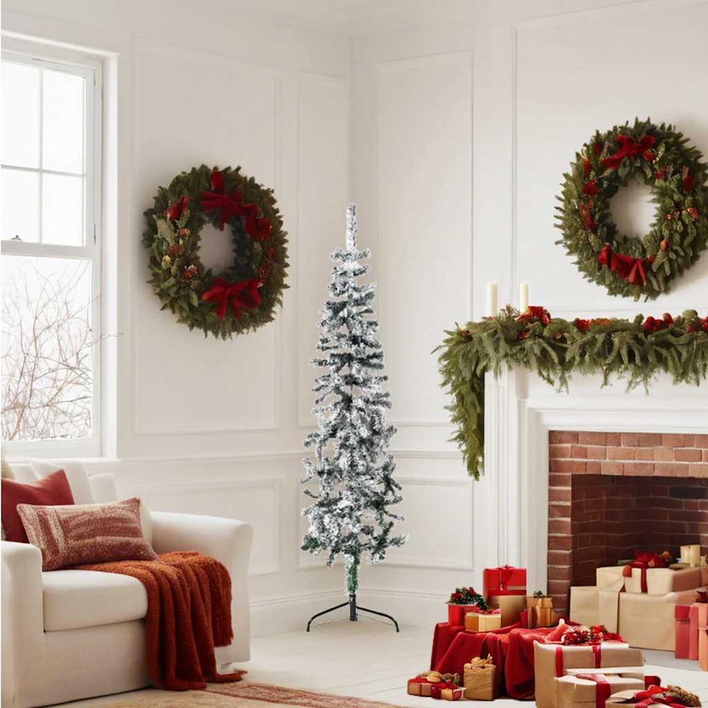 Semi Albero di Natale Artificiale con Neve Slim Alto 150cm PVC Salva Salvaspazio Parete Riutilizzabile Decorazione Festiva
