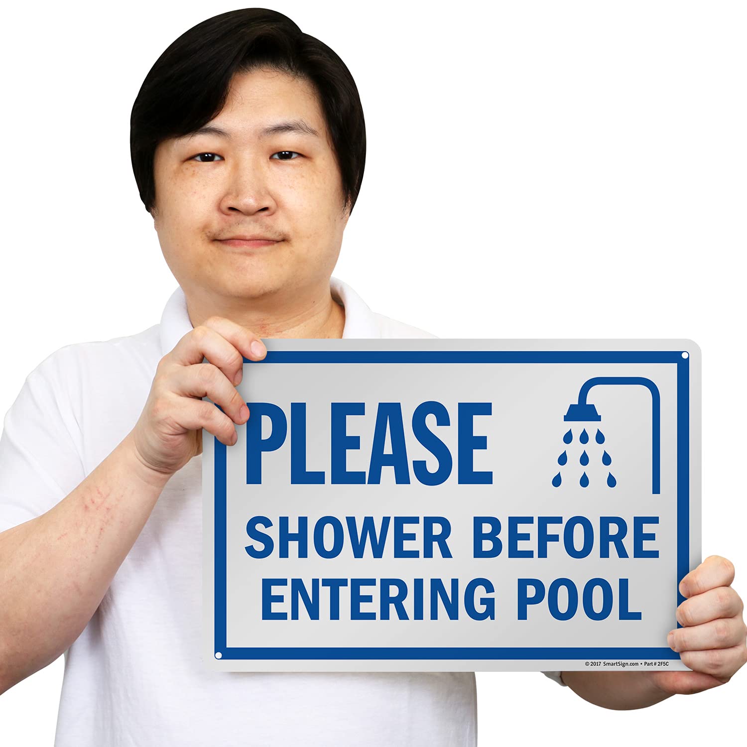 SmartSign 10 x 15 inch “Please Shower Before Entering Pool” Sign with Symbol, Digitally Printed, 55 mil HDPE Plastic, Blue and White