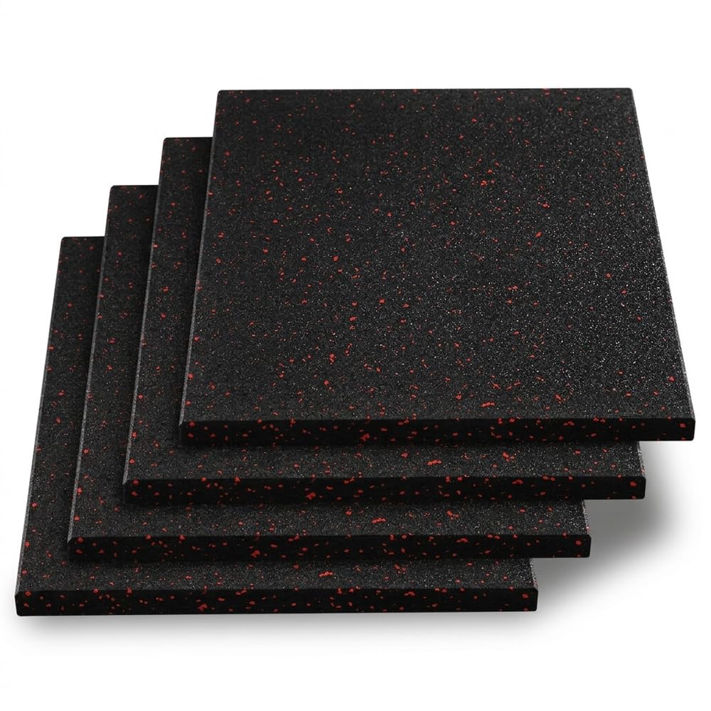 15mm Thick Rubber Gym Mat Flooring, 4 Pack- 50cm x50cm Exercise Gym Mats, High-Density, Noise Shock Absorbing, Surface Protection - for Home Gym Equipment Garage (Black-Red Fleck, 50CM x 50CM, 4) - Black-Red Fleck