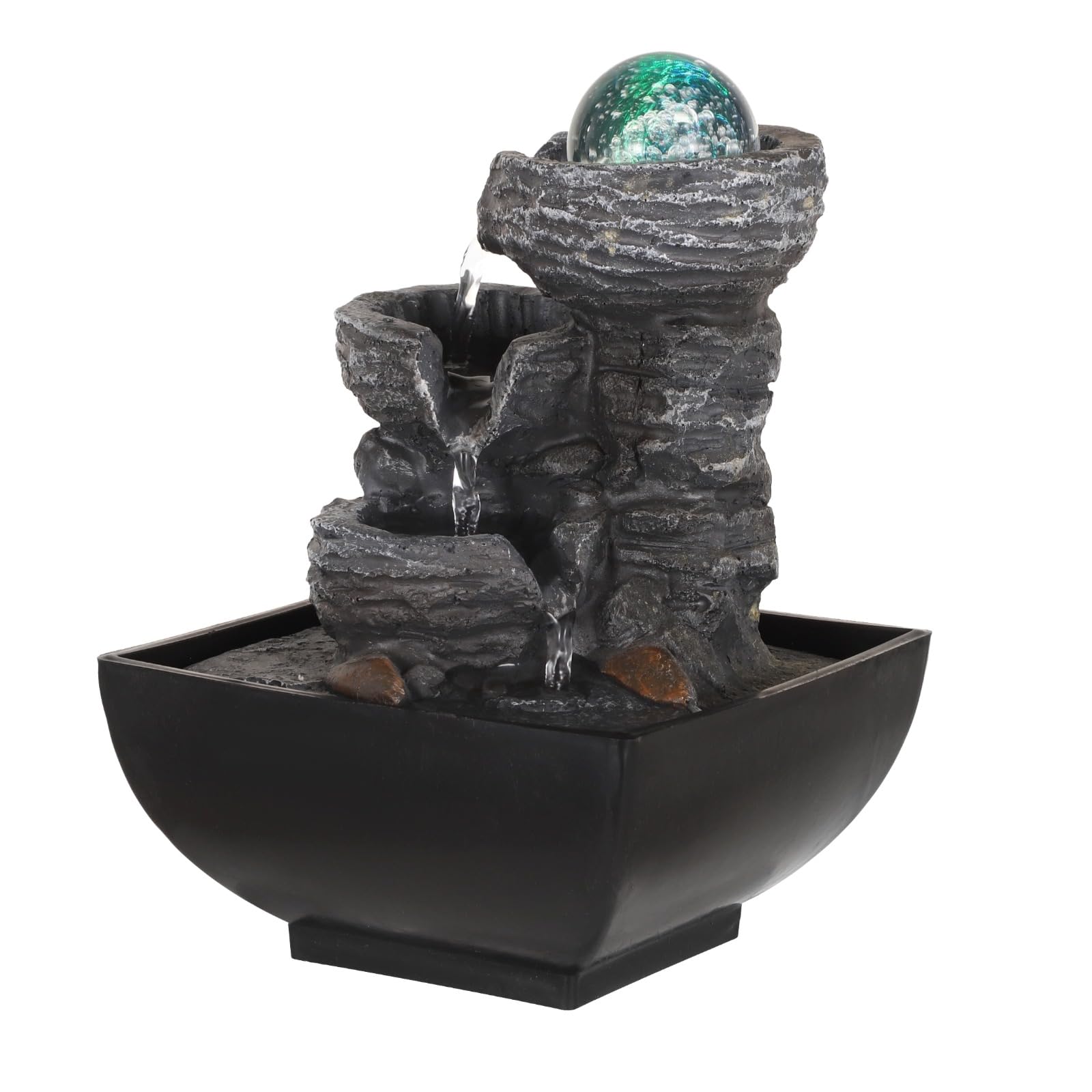 Tabletop Fountain with LED Light, Indoor Zen Meditation Fountain with Waterfall Function, 3-Tier Rock Water Fountain with Decorative Bubble Ball for Home Office Decor