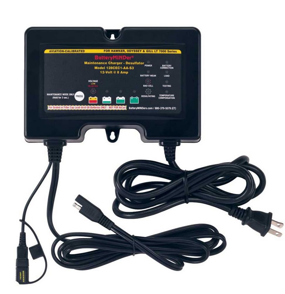 BatteryMINDer 128CEC2-AAS3: 12 Volt-8 Amp Aviation Calibrated for Hawker, Odyssey Series Aviation Battery Charger, Battery Maintainer, and Battery Desulfator