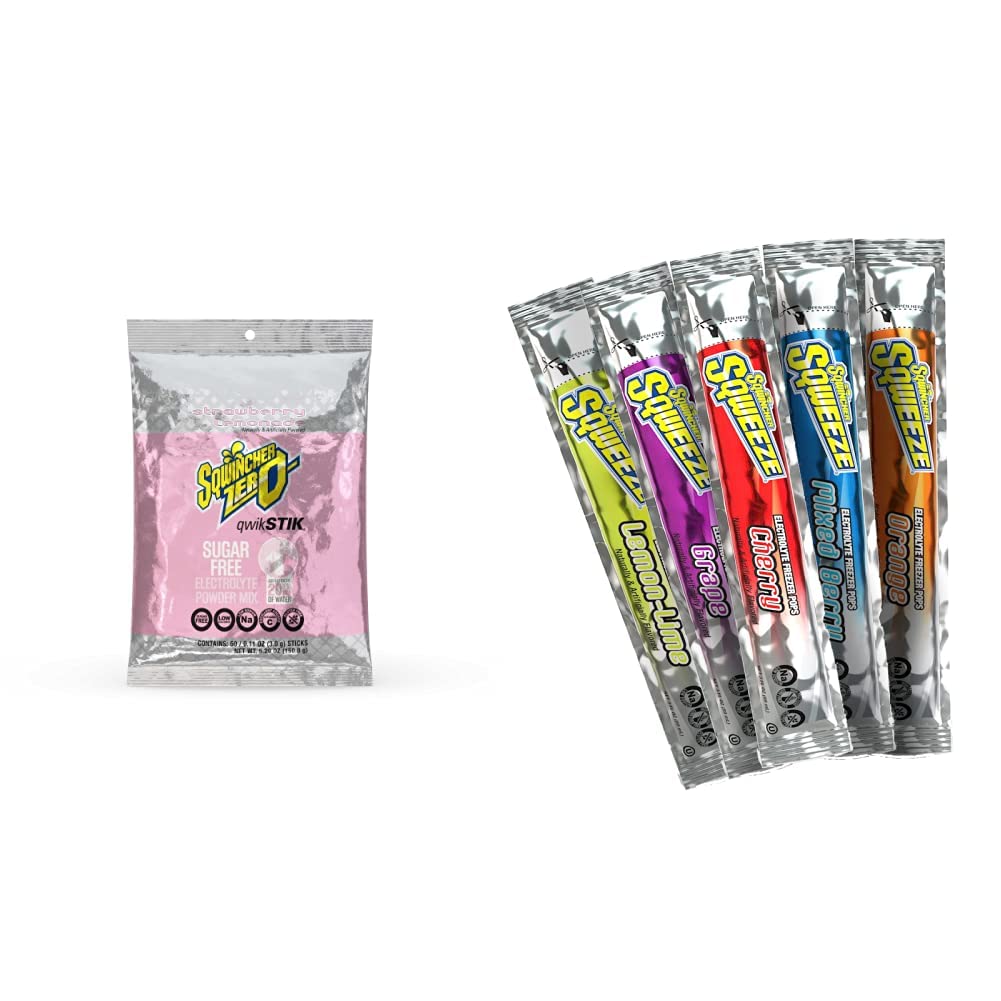 SqwincherZero Qwik Stik Sugar Free Electrolyte Powder Packets (Pack of 50) and Sqwincher Sqweeze Electrolyte Freezer Pops Variety Pack (50 Total)