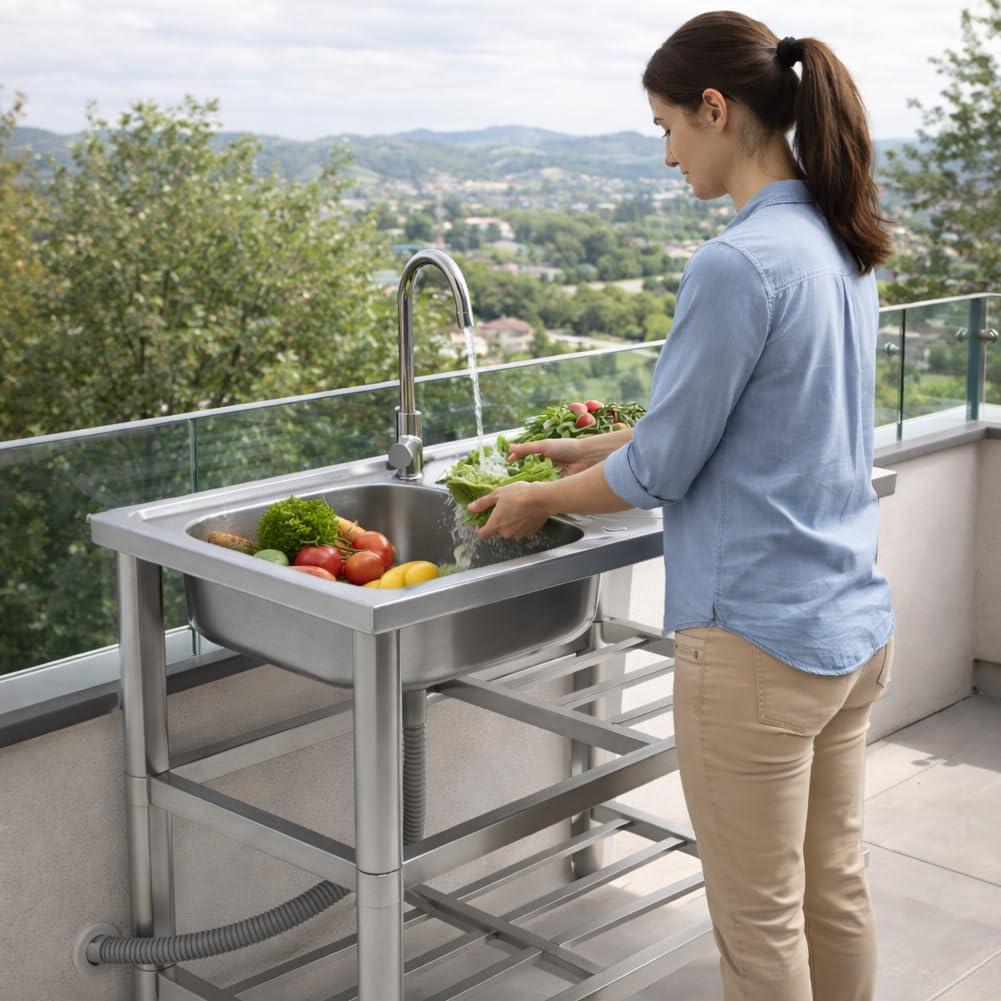 BAKAJI Lavello in Acciaio Inox con Rubinetteria Completa e Kit Sifone Ideale per Esterno, Patio, Giardino, Cucina in Balcone e Veranda, Lavandino con Ripiani Portaoggetti e Accessori, 75 x 40 x 80 cm