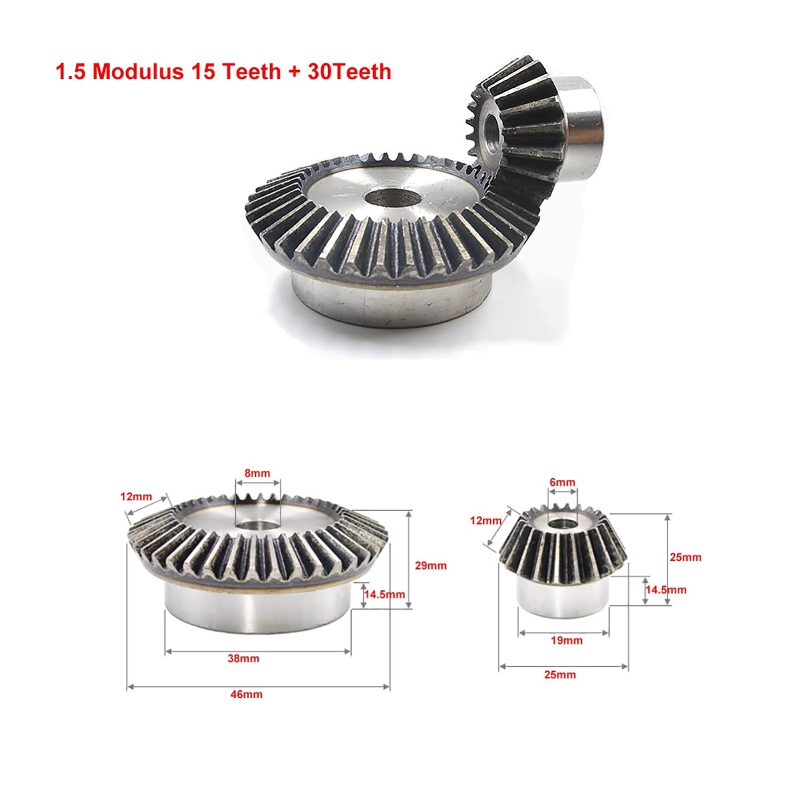Bevel Gear Pinion Hardware Mechanical 1Pair 1:2 Bevel Gear Gear Steel 1.5M 15Teeth + 30Teeth 90 Degrees Meshing Angle Steel Gears