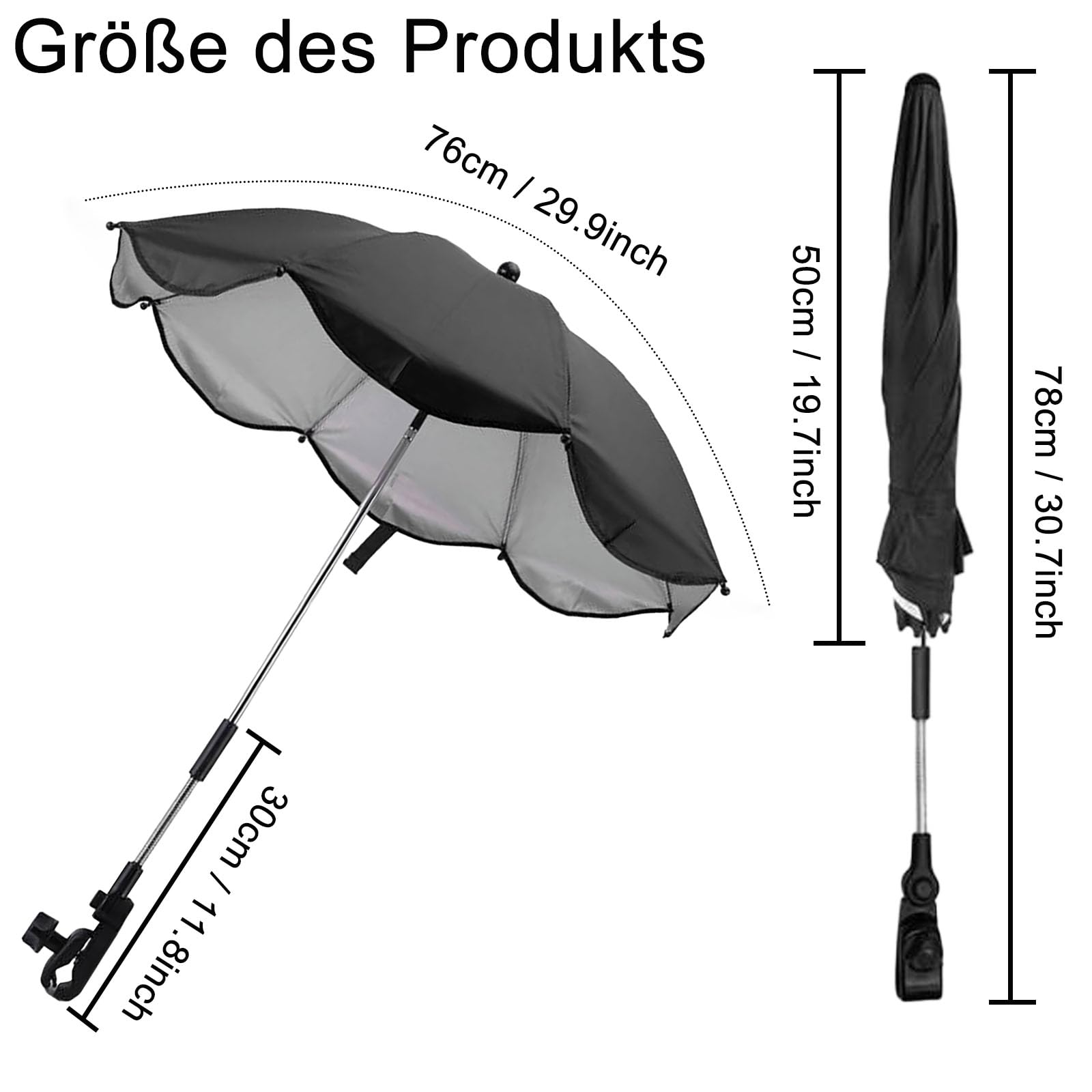 Sonnenschirm Kinderwagen, Kinderwagen Sonnenschirm mit Schirm-Clip-Befestigungsgerät, 360 Grad Verstellbar, UV-Schutz, Universal Kinderwagenschirm Sonnenschirm (Schwarz) (Schwarz 1)