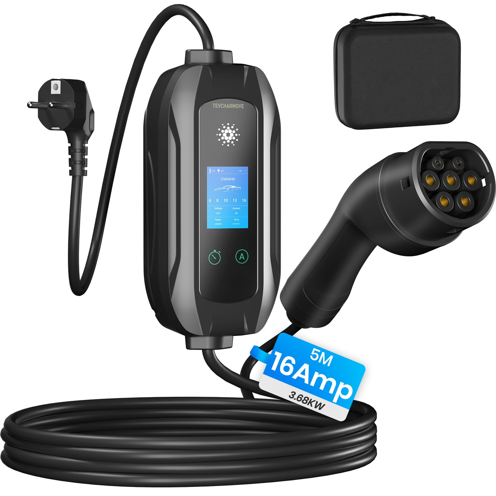 Mobile Wallbox 3.68KW Typ 2 Ladekabel, 5M|1-Phasig Ladekabel mit Schuko Stecker, 6-16A Tragbare EV Ladegerät mit Einstellbarer Ladeleistung, EV Charger Wallbox für Elektroauto & Hybrid (PHEV/EV)