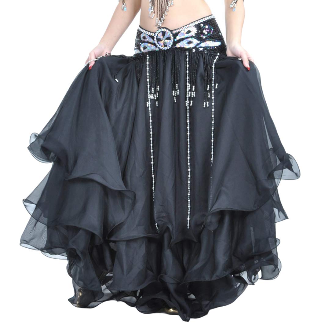 Yuandian Damen Volltonfarbe Bauchtanz Langer Rock Dreischichtiger Chiffon Curling Rock Großer Swing Rock Schwarz One Size