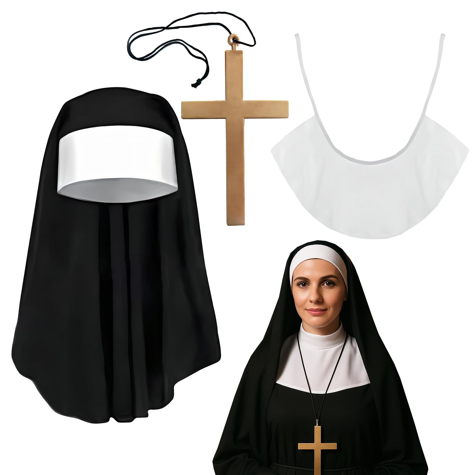 zhongko 3Pcs Halloween Nun Costume Accessories, Nun Costumes for Women with Nun Headpiece, Crossing Necklace And Collar Accessories for Religious Parties and Carnival