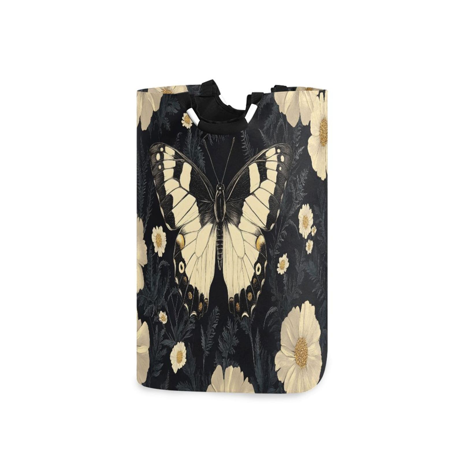 Jihqo Laundry Hamper Basket Butterfly and Flowers White Collapsible Nursery Storage Bin Waterproof Clothing Baskets for Home Bedroom Bathroom Washing Room