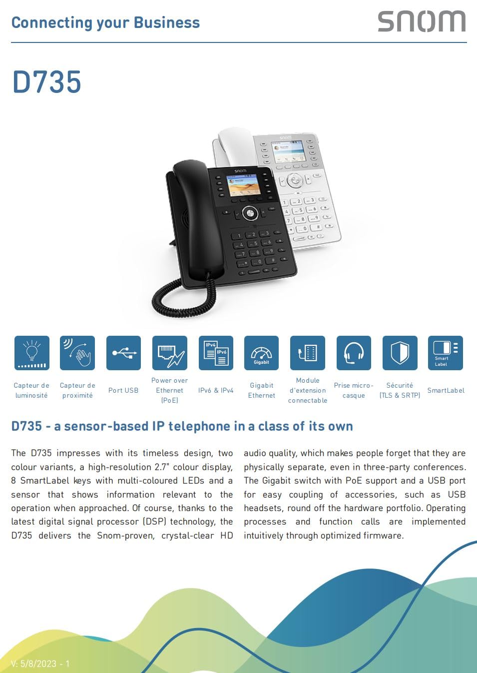 Snom Global Desk TELEPHONE D735 (écran TFT Graphique Haute Résolution 2, 7 ”, 32 touches de Fonction Auto-Étiquetantes (8 Physiques)) Noir