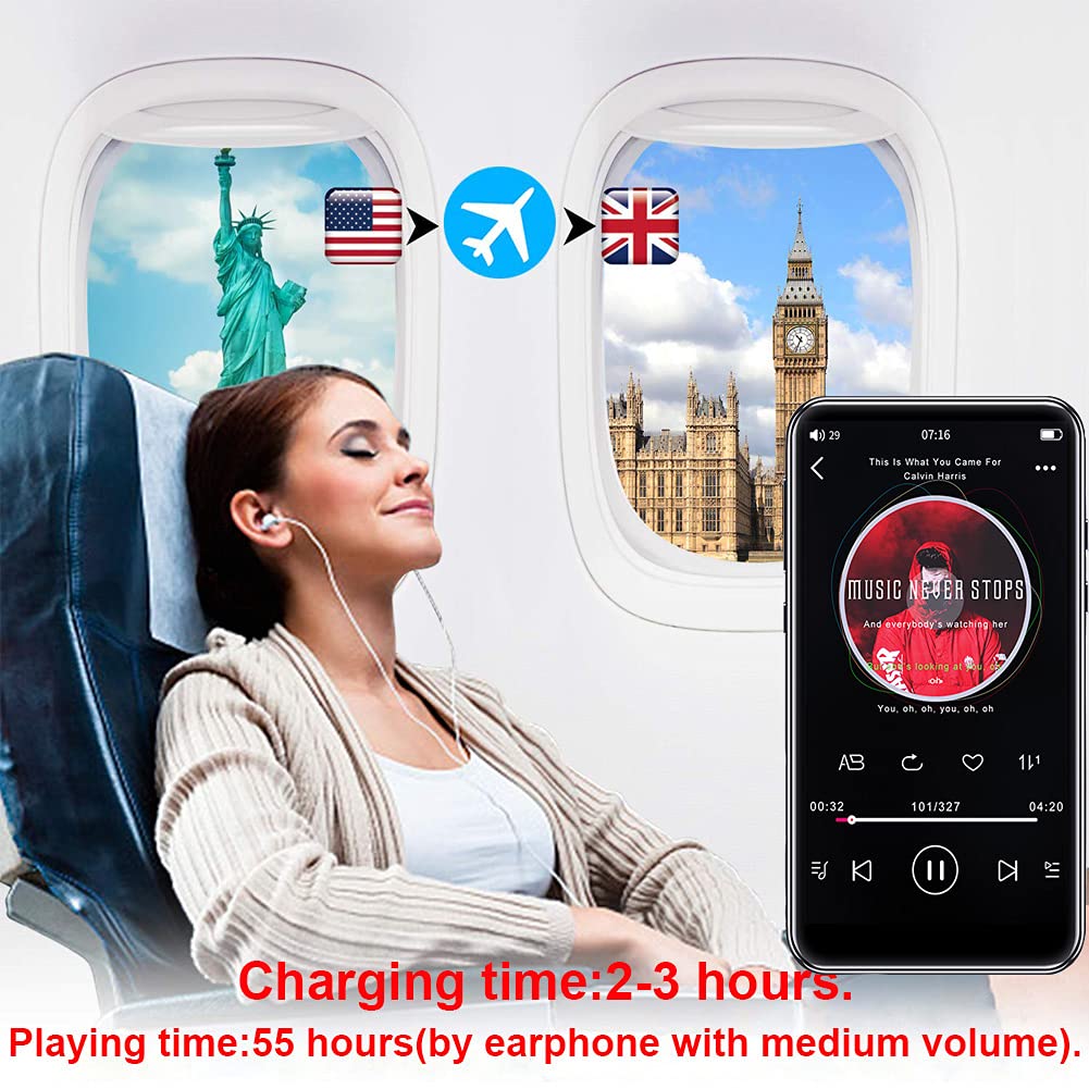 16GB Reproductor MP3 Bluetooth 5.0 MP3 Player 2.5D Pantalla Táctil Multi-función Altavoz Súper Sonido/Video/FM Radio/E-Book/Registro Juegar Música Más 100H(Soporte Tarjeta hasta 128GB)