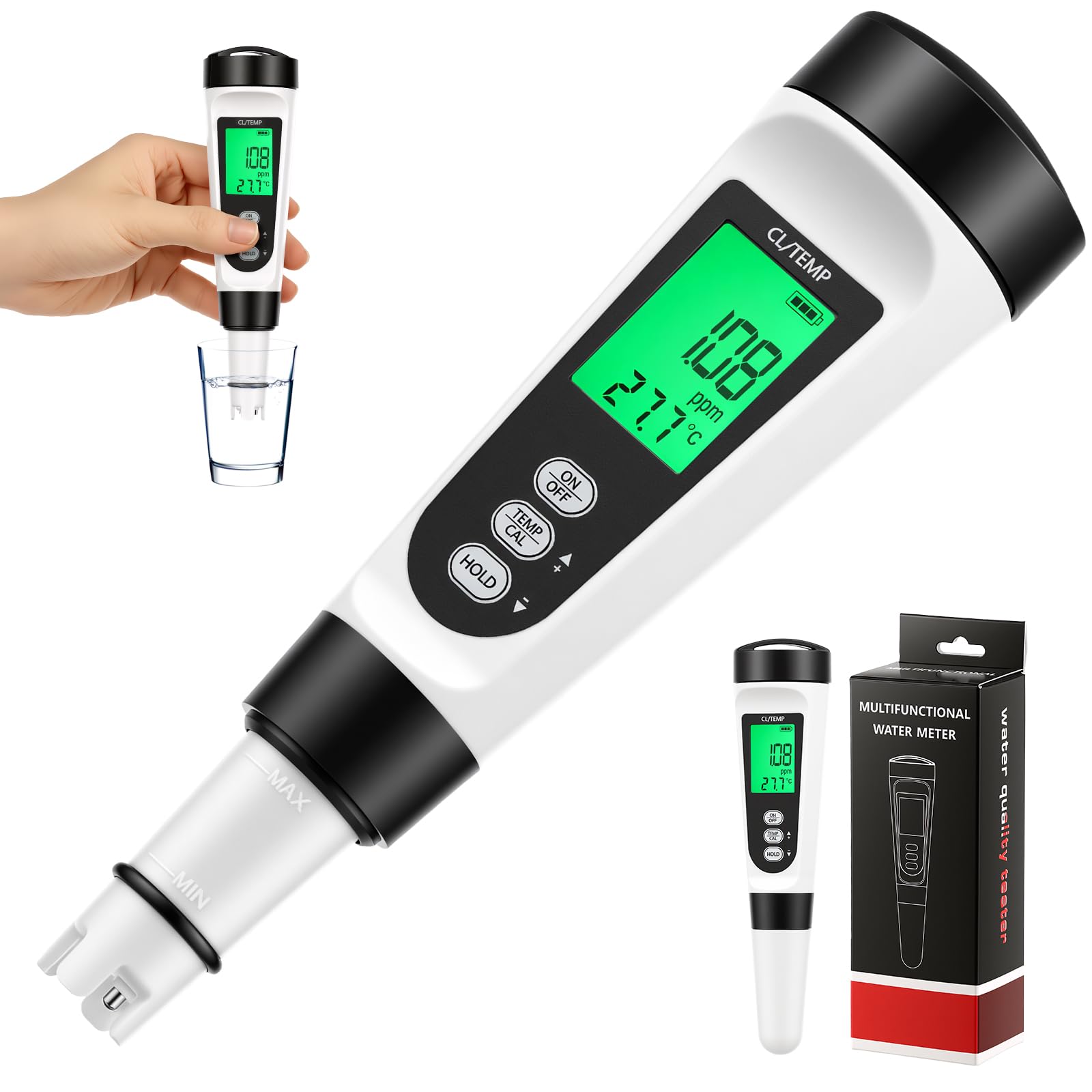 Cyfrowy miernik chloru, resztkowy tester chloru 0-4,00 ppm z wyświetlaczem temperatury, wyświetlacz LCD z podświetleniem, przenośny tester jakości wody do basenu, wody pitnej, akwarium, akwakultury