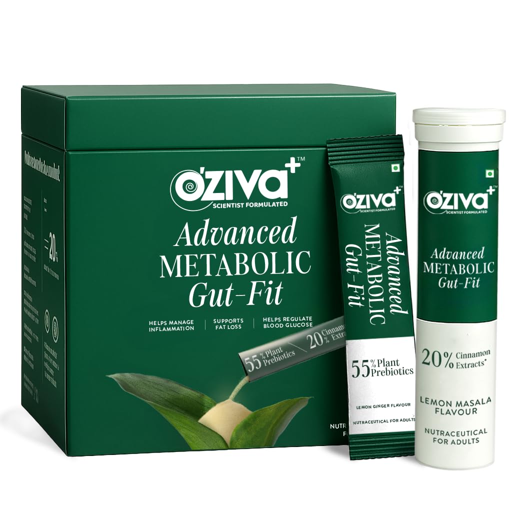 OZiva+ Advanced Metabolic Gut-Fit For Gut & Metabolic Heath | With Cinnamon Polyphenols, B420™ Probiotic, Oat Fiber Prebiotic | 30 Sachets + 30 Effervescent Tablets