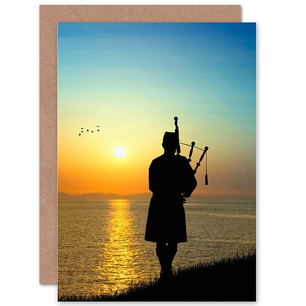 Wee Blue Coo PHOTOGRAPH SUNSET SCOTS PIPER SILHOUETTE BLANK GREETINGS BIRTHDAY CARD
