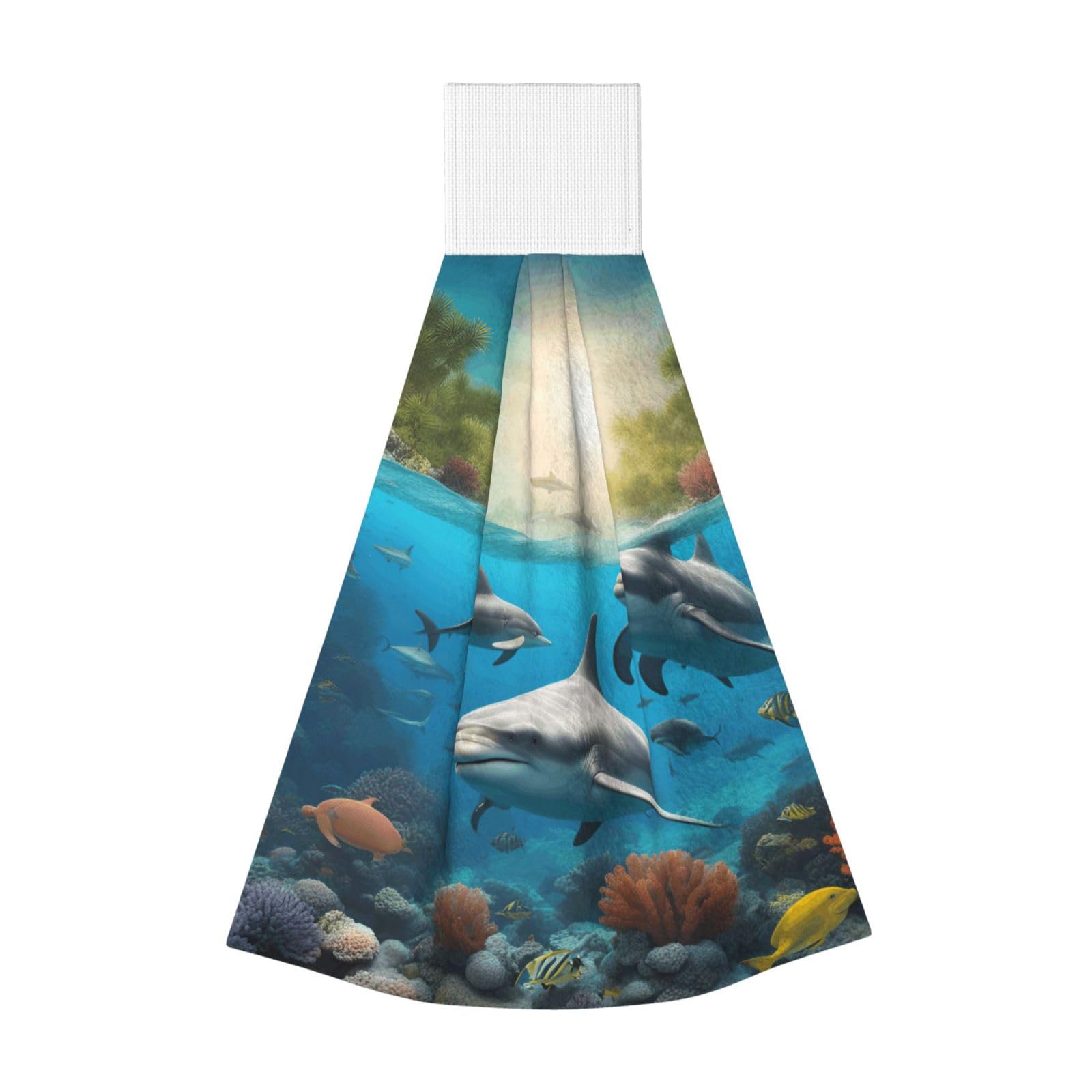 DUWAA Dolphins Sea Turtle Shark Octopus Coral Print Hanging Hand Towel Quick Dry Bathroom Towel Soft Kitchen Towel