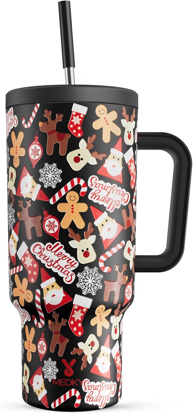 Meoky 40 oz Christmas Tumbler with Handle and Straw, Xmas Tumbler with Lid and Straw, Insulated Stainless Steel Travel Mug, 100% Leak-proof, Keeps Cold for 34 Hours (Gingerbread Joy)