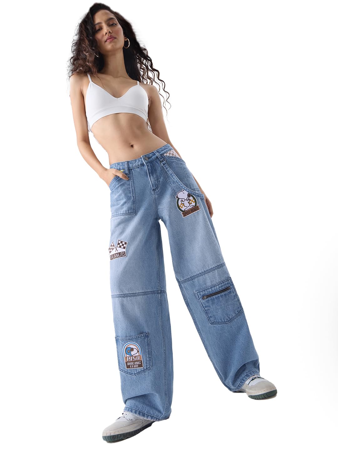 Peanuts: Racing Club Women Girls Zip Fly Light Blue Washed Cotton Denim Embroidered Comfortable Casual Streetwear Graphic Applique Wide Leg Fit Jeans-image-1