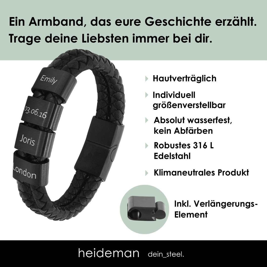 Heideman Armband Herren aus Leder schwarz matt - Lederarmband Elian mit schwarzen Gravurplättchen für Männer - Personalisiertes Geschenk