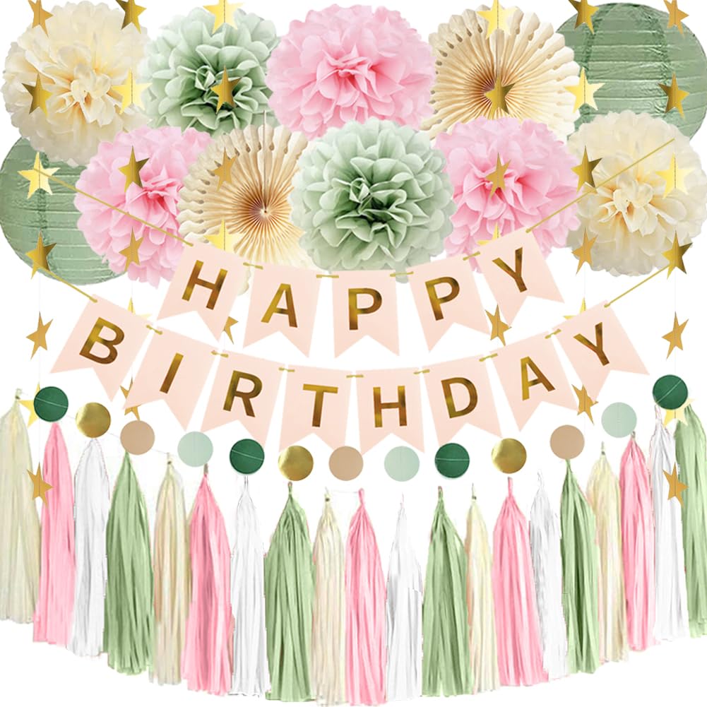 Sage Green and Pink Birthday Decorations Sage Green Pink Cream Paper Tassel Garland Paper Pom Poms Paper Lanterns Happy Birthday Banner for Women Girls Birthday Party Decor
