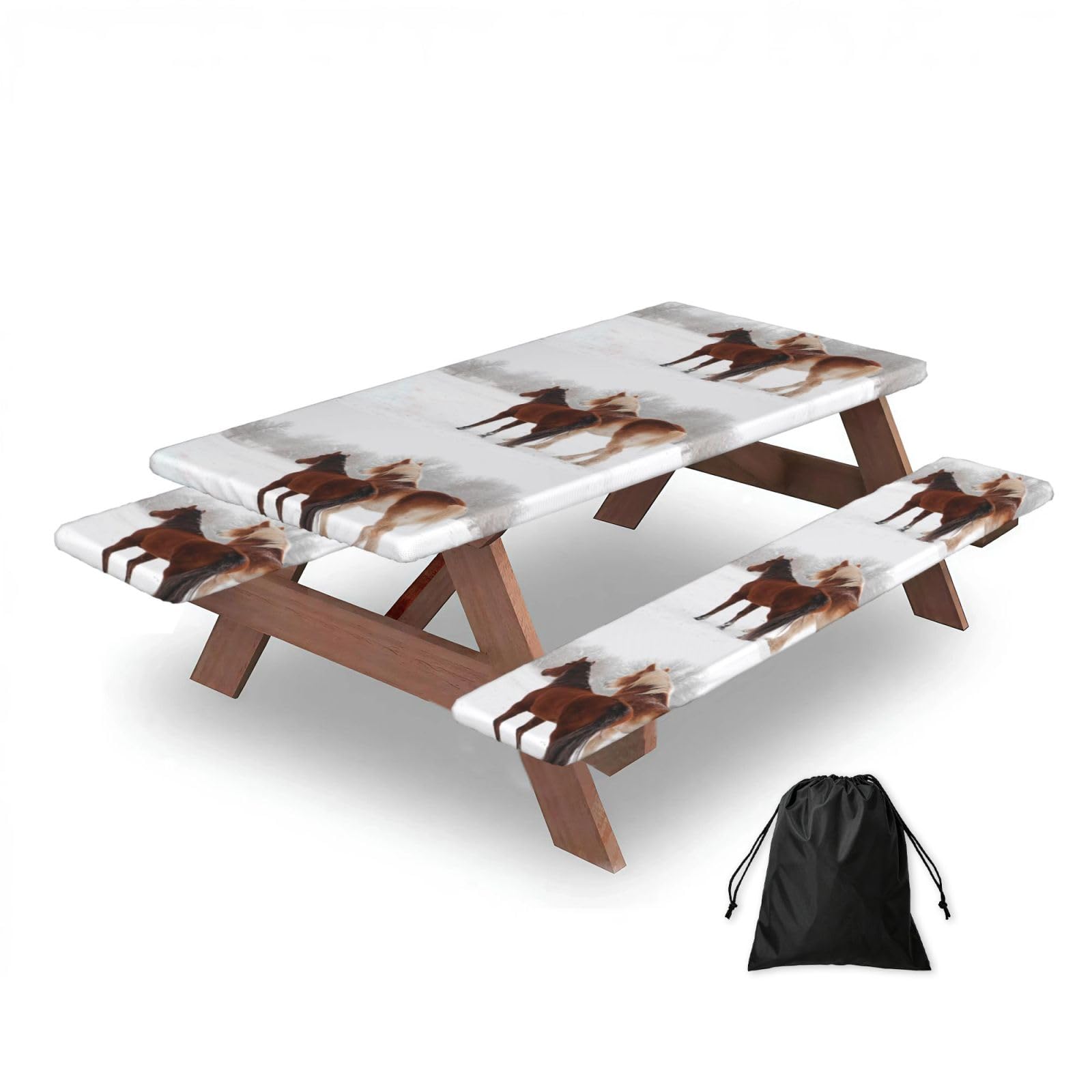 Dopklna As Picture Horse, Picnic Table Cover With Bench Covers -Waterproof Elastic Fitted Tablecloth For Garden Camping Patio 76X152cm