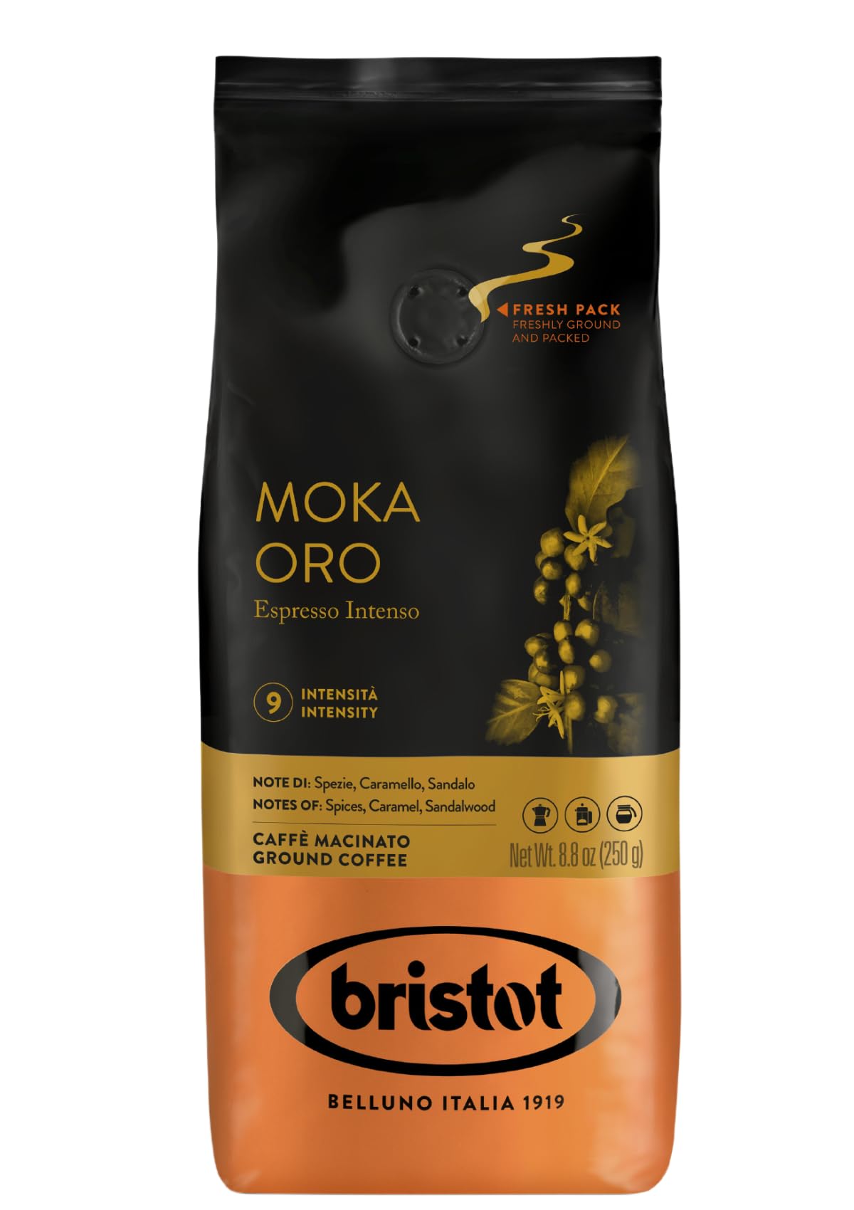 Bristot Moka Oro Ground Coffee – Italian Espresso – Medium Roast – Notes of Spices, Caramel & Sandalwood – For Moka, French Press, Pour Over – 8.8oz (250g)