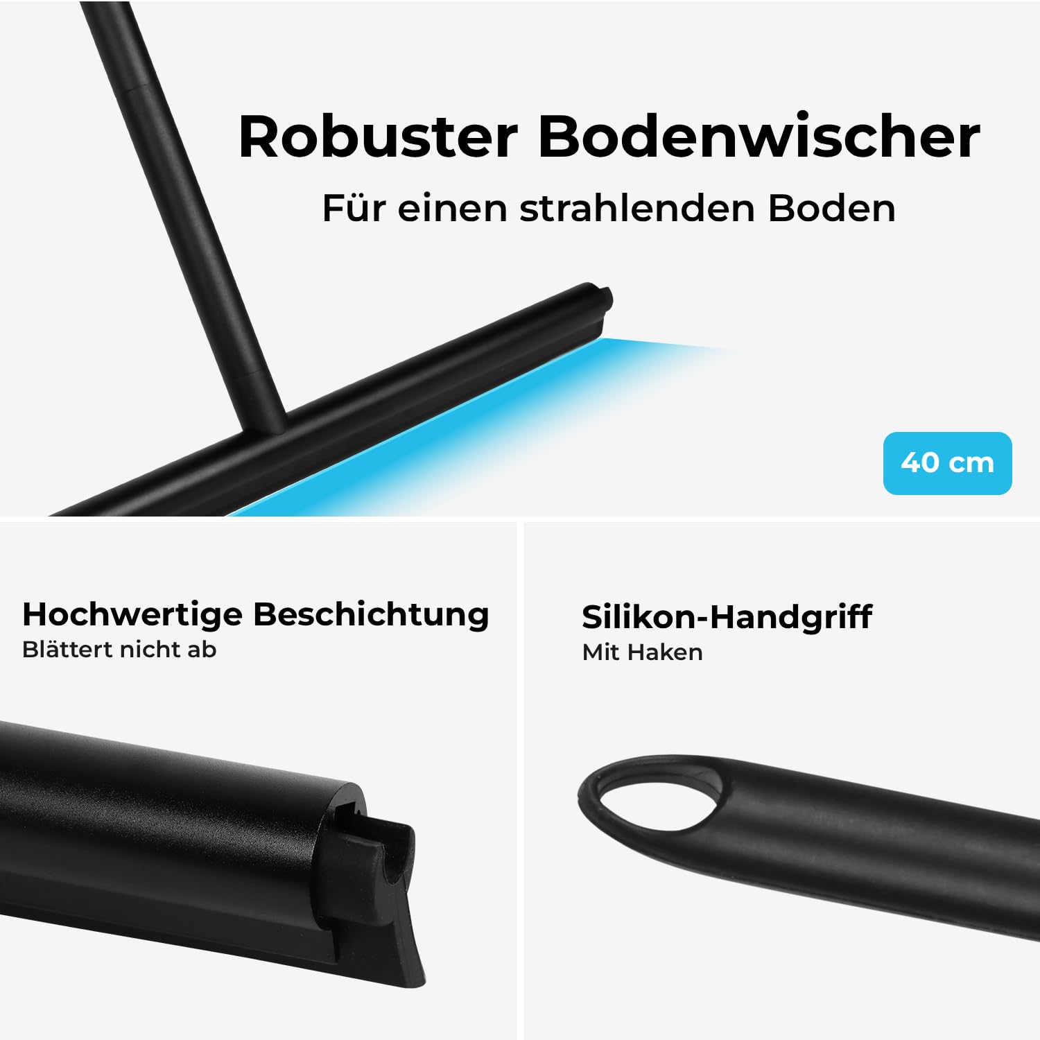 Sanova Bodenabzieher mit Stiel 136 cm – Wasserschieber Boden Schwarz – Duschabzieher Langer Stiel aus Edelstahl Aluminium & Silikon – Mit Wandhalter