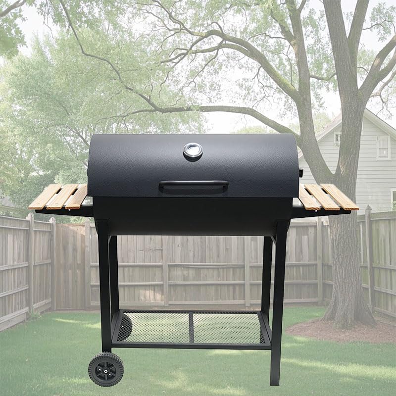 Parrilla de carbón con dos mesas laterales, parrilla de barbacoa de acero resistente para pícnics al aire libre, patios traseros y fiestas