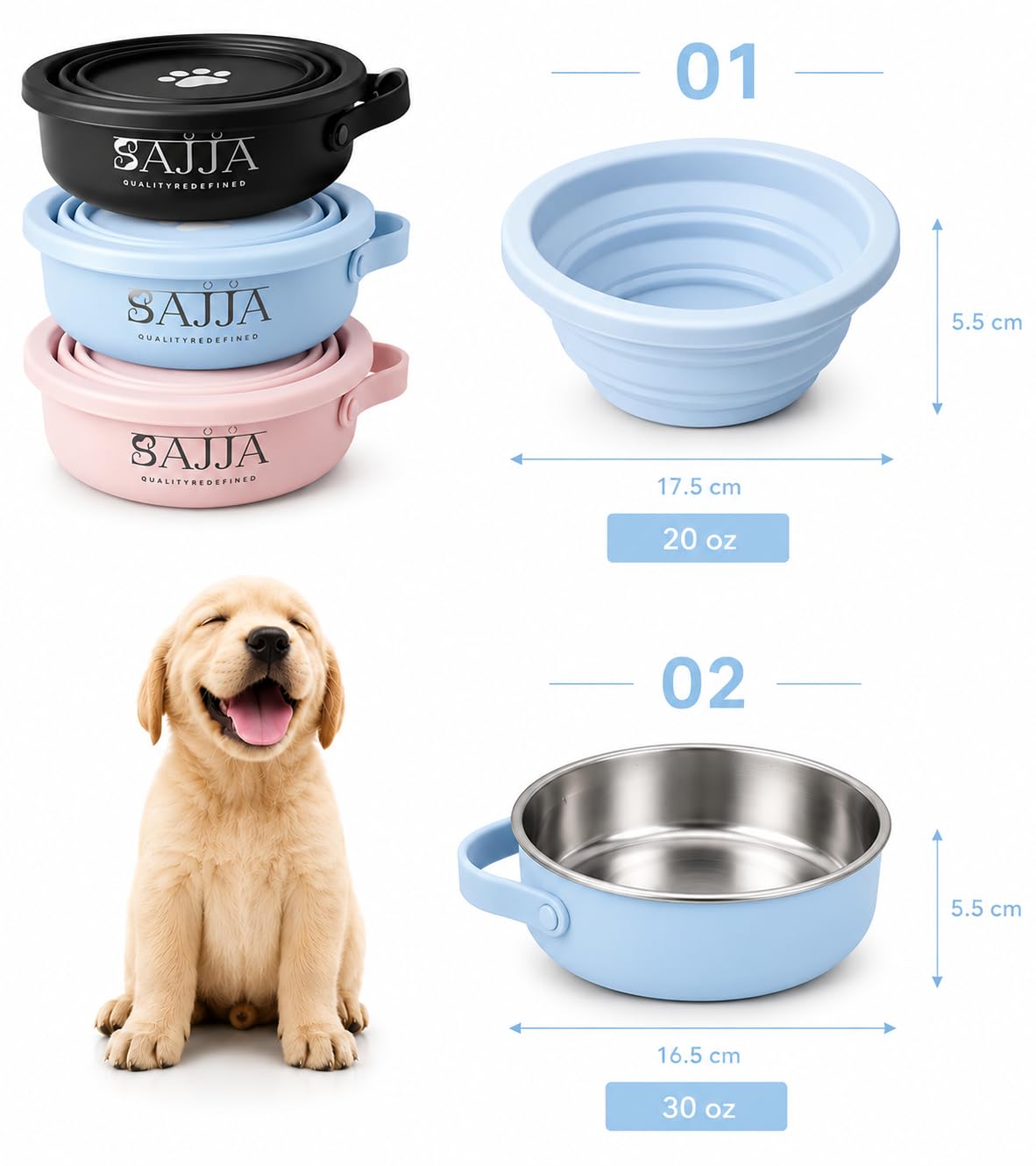 Sajja Ensemble de gamelles 3 en 1 pour animaux de compagnie avec couvercle pliable | Mousqueton et porte-bouteille d'eau | Insert d'alimentation lente | Fond en caoutchouc antidérapant | Sans BPA et