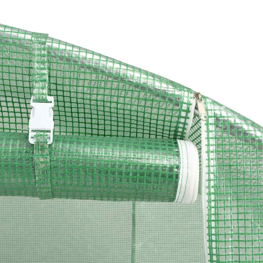 Szklarnia ze stalową ramą, zielona, 60 m², 12 x 5 x 2,3 m, z pokrywą PE, 3 m z zwijanymi drzwiami i 4 oknami z siatki dla optymalnej cyrkulacji powietrza