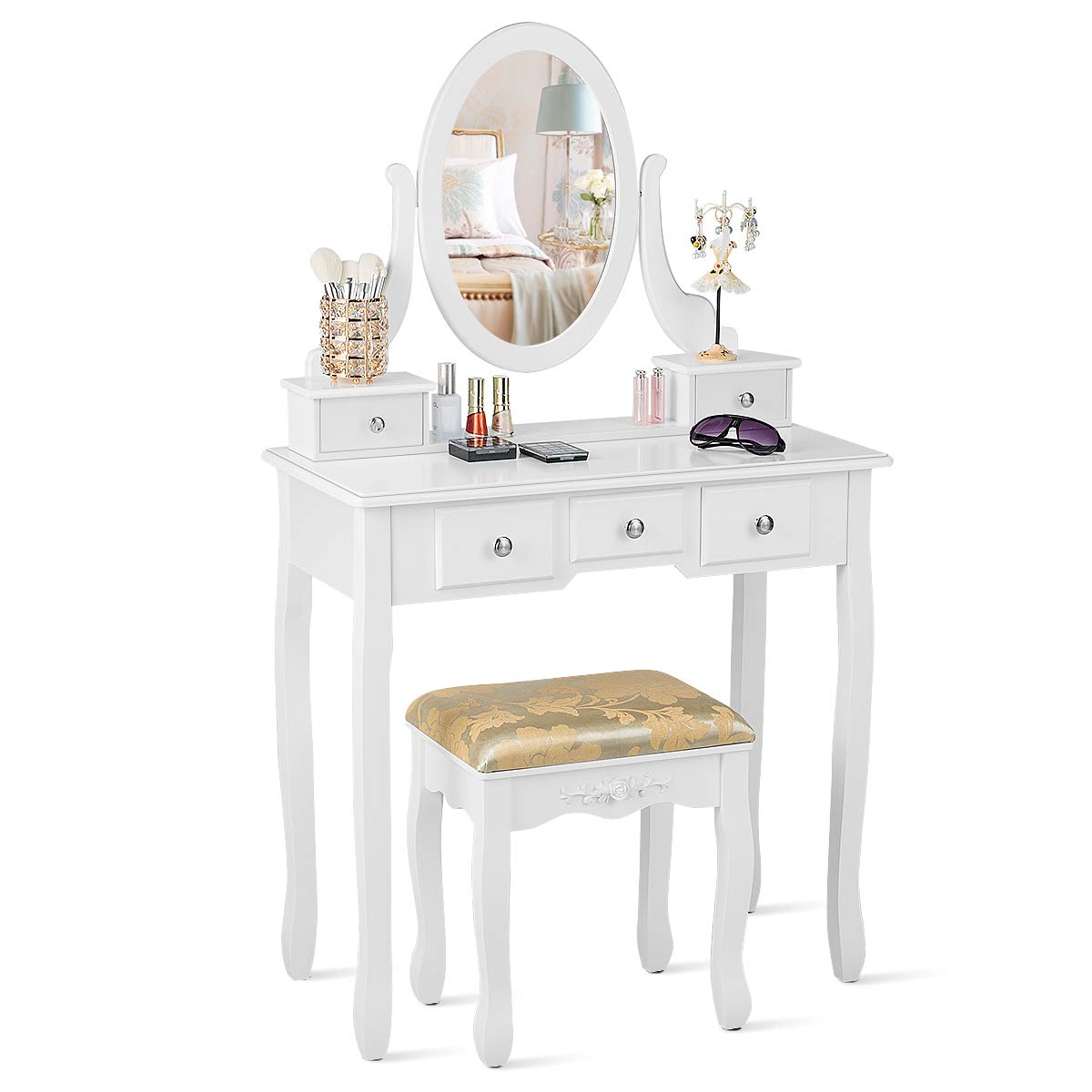COSTWAY Coiffeuse, Table de Maquillage avec 5 Tiroirs 1 Miroir Carré Pivotant à 360° et 1 Tabouret,Pieds Stableen Bois Blanche (Noir COSTWAY Coiffeuse, Table de Maquillage avec 5 Tiroirs 1 Miroir Carré Pivotant à 360° et 1 Tabouret,Pieds Stableen Bois Blanche (Noir