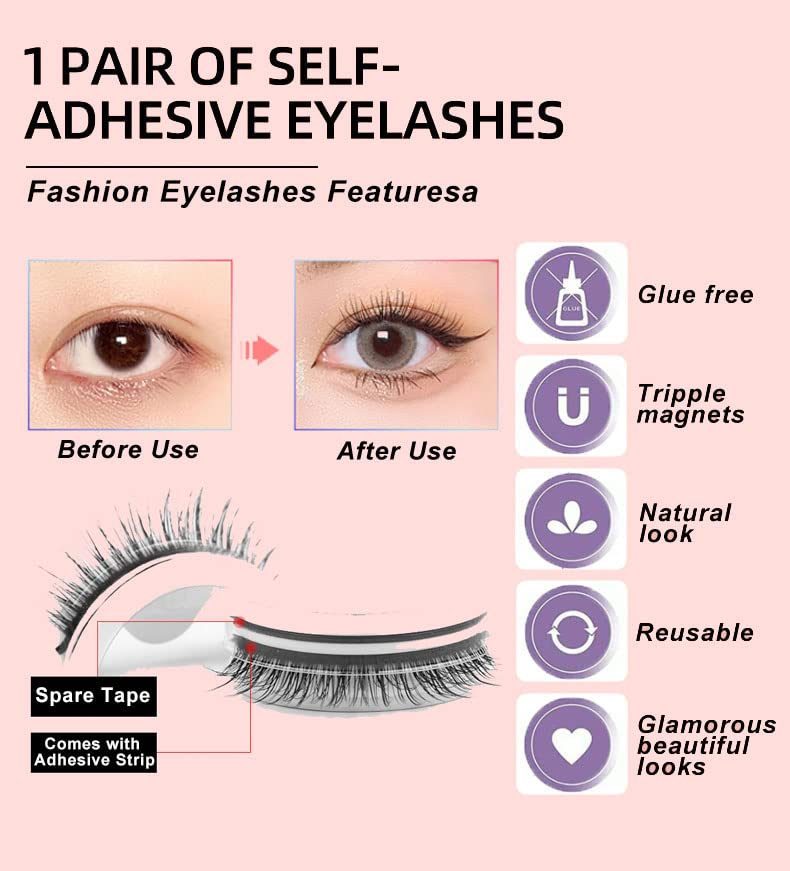 Miniatura 4 de 2 pares de pestañas autoadhesivas reutilizables 2023, no necesita pegamento ni delineador de ojos, fáciles de poner, aspecto natural, pestañas