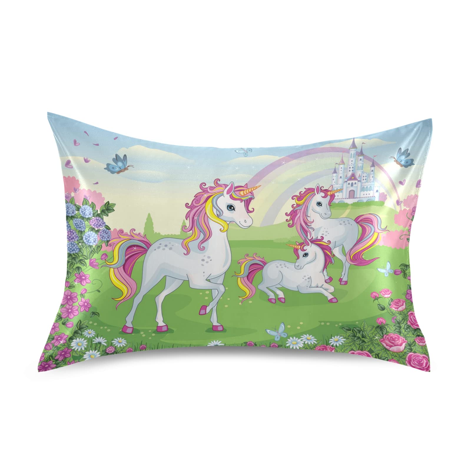 ALAZA Satin Pillowcase for Hair and Skin, Unicorn with Castle and Rainbow Decorative Soft Pillow Cases Queen Size 30x20 inches