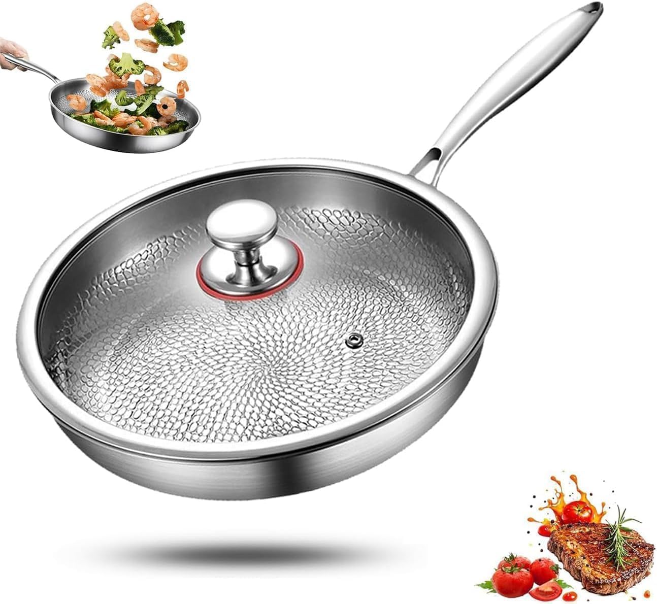 Generisch Titan Bratpfanne, Titanium Pfanne Unbeschichtet, Titanium Hammered Pan Pro mit Deckel, Antihaft Titanpfanne 26/28/30/32 cm for Cooking, Multifunctional Pots and Pans Set Mit Deckel, 28cm