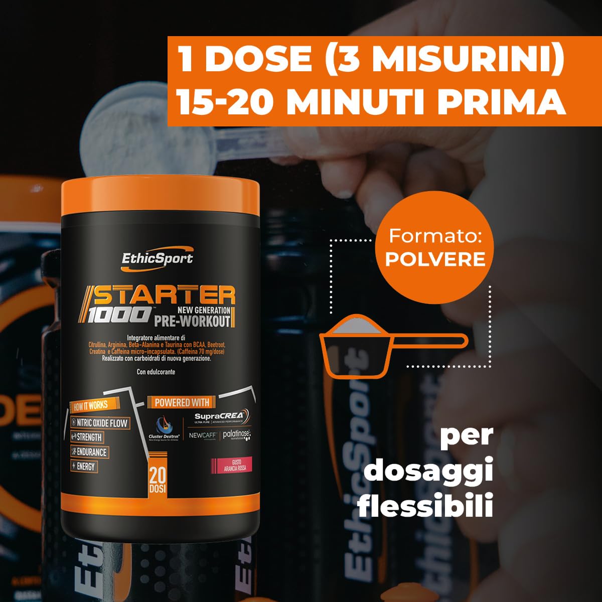 EthicSport Starter 1000 – Integratore pre-workout con caffeina micro-incapsulata, creatina, citrullina e β-alanina – Energia, focus e preparazione allo sforzo per sportivi